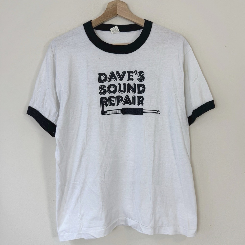 Vintage 80s Dave's Sound Repair Amp Rock Guitar Band Punk Ringer White Tee Shirt